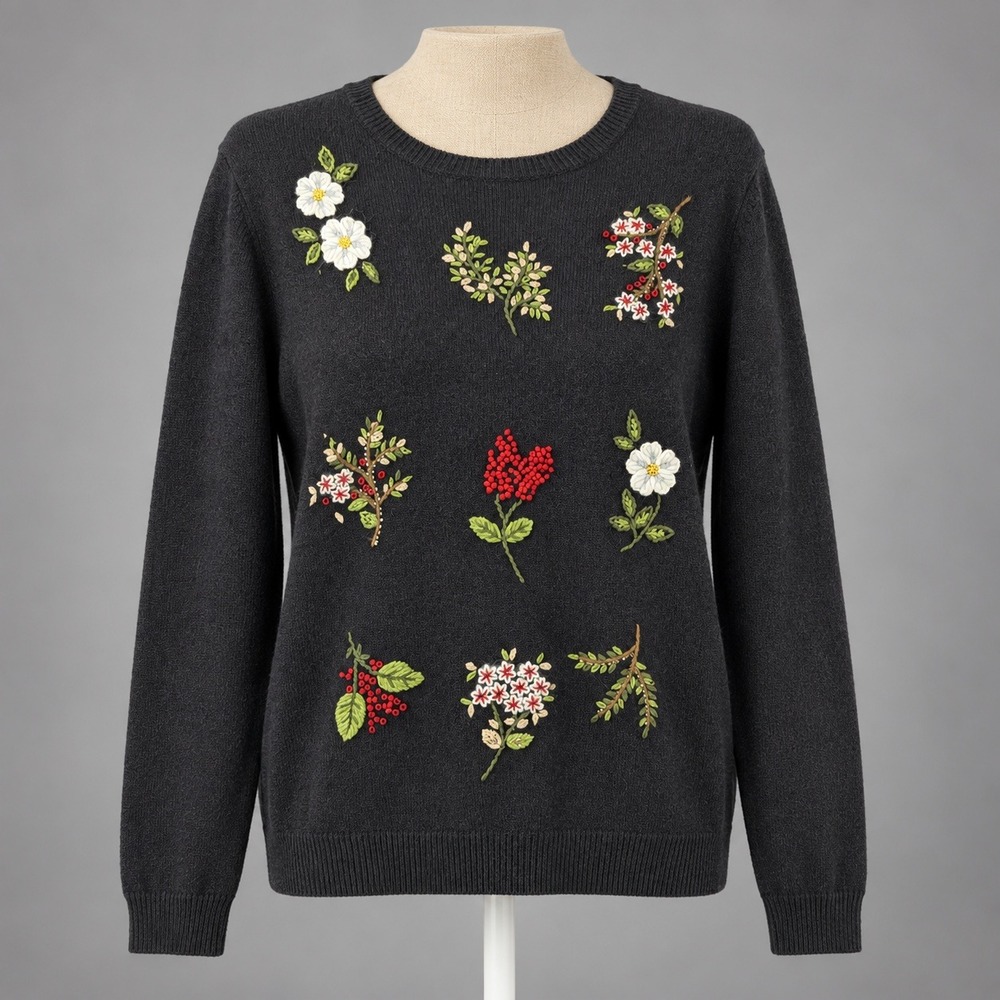 Vintage Y2K Floral Embroidered Botany Sweater Size M Black Cottagecore Garden